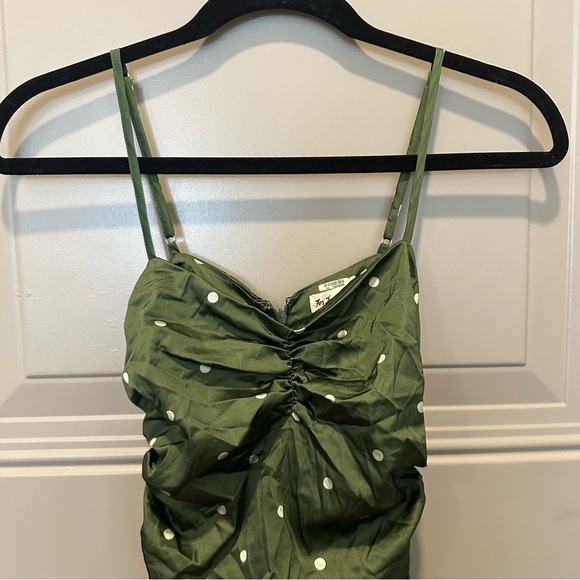 For Love & Lemons Paula Ruched Midi Dress Size XS Green Polka Dot - Picture 4 of 7